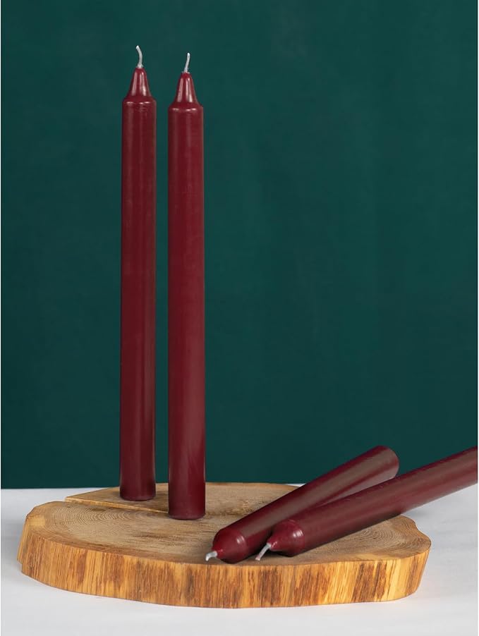 CANDWAX Bordeaux Taper Candles Pack of 4 - Slow Burning Dripless Unscented Straight Candles 10 inch - Ideal for Dinner Table - Smokeless Long Candlesticks