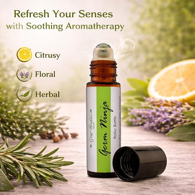 GreenHealth Essential Oil Roll On – Germ Ninja Blend – Refreshing, Clean Aroma – Pre-Diluted with Grapeseed Oil – Easy Apply Roller for Home, Work & Travel