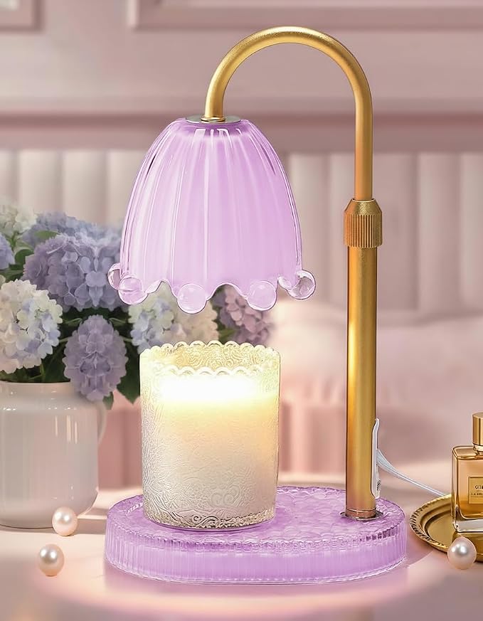 Flower Candle Warmer Lamp Glass Base with Timer & Dimmer, Mothers Day Birthday Gifts for Mom Women, Adjustable Floral Candles Warmer, Girly Wax Warmer New Home Office Decor (Purple-Flower)