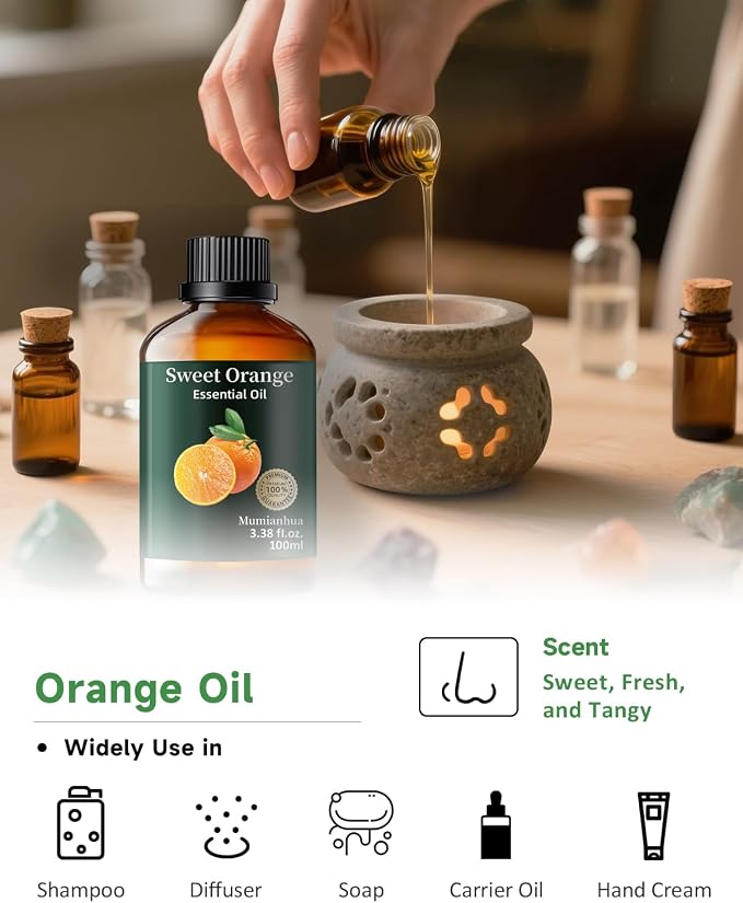 Orange Essential Oil, Pure Sweet Orange Oil Mumianhua Cold‑Pressed for Uplifting Atmosphere & Natural Cleaning, Skin‑Safe for DIY Perfume, Soap, Candle Making – 3.38 Fl Oz