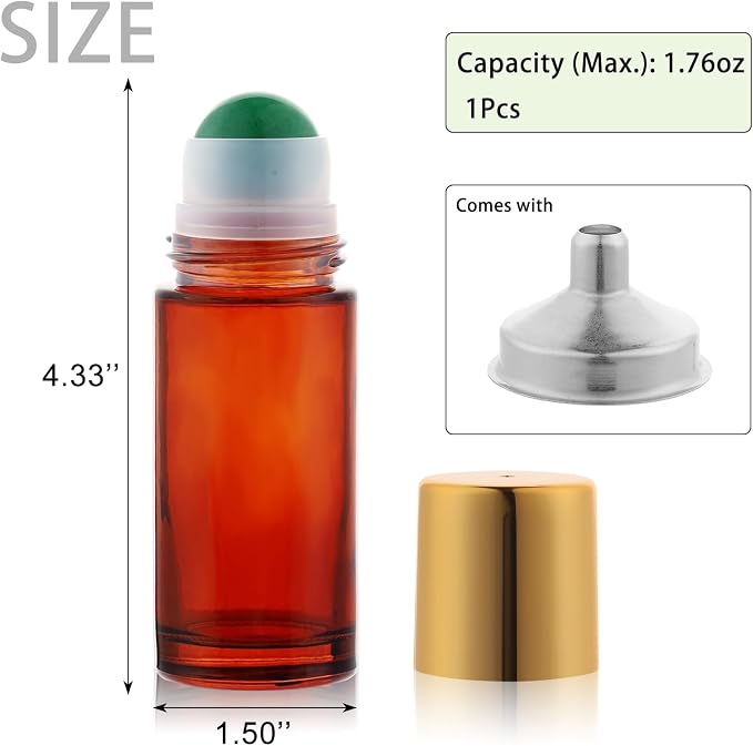 2 pack 1.7oz Large Amber Glass Roll on Bottles for Essential Oils Perfume Refillable Roller Ball Applicator Empty Deodorant Containers with Green Crystal Rollerball