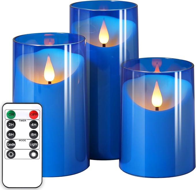 NURADA Flickering Flameless Candles: LED Pillar Candles with Imitation Glass - Acrylic Battery Candles with Remote and Timer for Wedding Party Valentine's Day Decor, Pack of 3 Blue