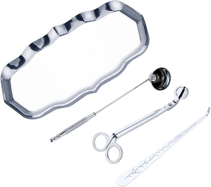 Candle Accessory Set Gift Box, Exquisite Wave Storage Tray Plate, Candle Wick Trimmer, Bell Candle Wick Snuffer, Candle Wick Dipper, 4-in-1 Candle Care Toll Kit for Scented Candle Lover, Silver