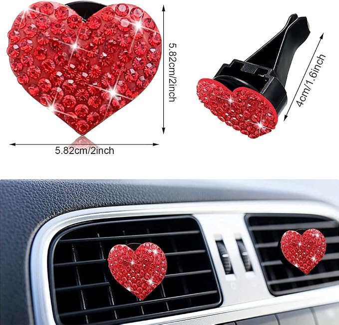 5 Pcs Bling Red Lips Air Vent Clips, Heart Shape Crystal Car Air Vent Clip Charms Car Air Fresheners for Women Rhinestone Diffuser Vent Clip Cute Car Decor Bling Car Accessories for Women (Red hearts)