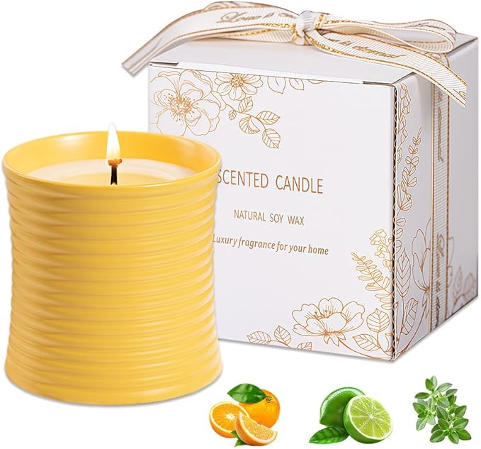 Generic Natural Soy Wax Scented Candle, Lime Basil Citrus Fragrance, Handmade Luxury Home Decor with Cotton Wick,Yellow Ceramic Container, Reusable Jar