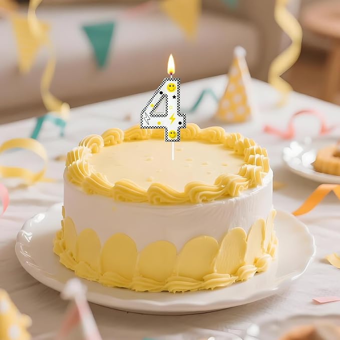 Number 4 Birthday Candle for Cake – 2.7 Inch Large Size Black White Checkered Smiley Design with Lightning & Star – four Happy Dude Theme Cake Topper Decoration