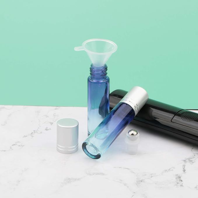 10Pcs Glass Rolling Bottles Set, 10ml (1/3oz) Blue Gradient Roller jars with Funnels, Glass Roll on Vials for Essential Oil Aromatherapy Perfume Liquid Massage