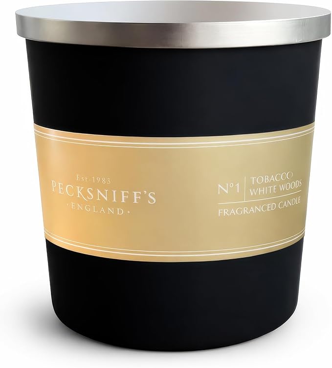 Pecksniff's Black Luxurious 3-Wick Tobacco & White Wood Scented Candle – 18.1 Oz/515g – with Metal Lid Relaxation and Elevated Home Ambiance