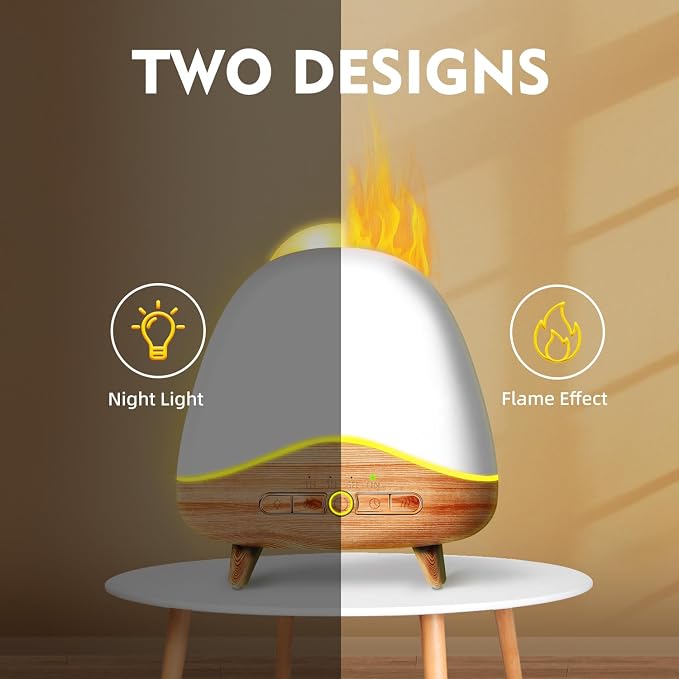 Night Light Essential Oil Diffuser with Flame, 300ML Ultrasonic Aroma Diffuser, 7 Color Lights with Remote Control, Cool Mist, Timed Mist, Auto Shut-Off for Home, Bedroom, Hotel, Office, Yoga (White)