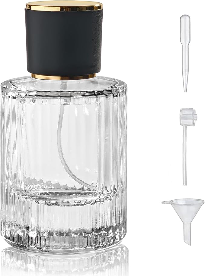 50ml/1.7 Oz Glass Spray Bottle Perfume Atomizer,Round Glass Perfume Travel Refillable Spray Bottle Empty with 3 Kinds of Dispenser (Clear2)