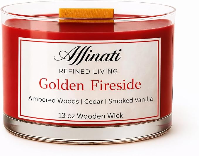 Affinati Golden Fireside Wooden Wick Candle – Luxury Wooden Bowl, 13 oz