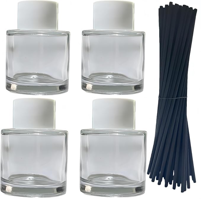 4PCS Reed Diffuser Bottles Empty, 20Pcs Reed Diffuser Stick, Diffuser Bottle Capacity 50ml (1.7oz) Diffuser Stick 3.5mm-190mm, Suitable for Home, Hotel, Restaurant, Office Aromatherapy Tasks