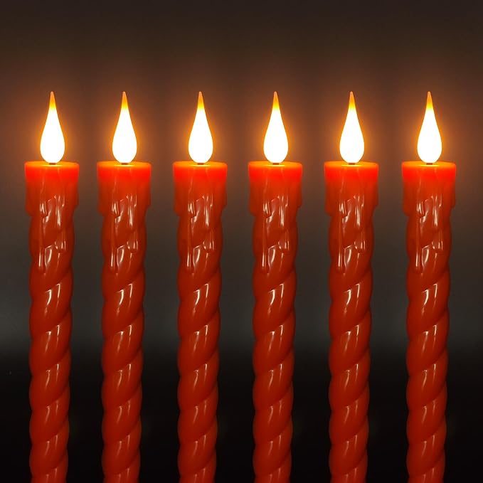 Flameless Taper Candles Flickering with Remote,Timer, Dimmer,9.7 Inch Orange 6 Pack Candle Sticks,Realistic Wax Drip,Battery Operated Candlesticks for Christmas Wedding Halloween Home Decor