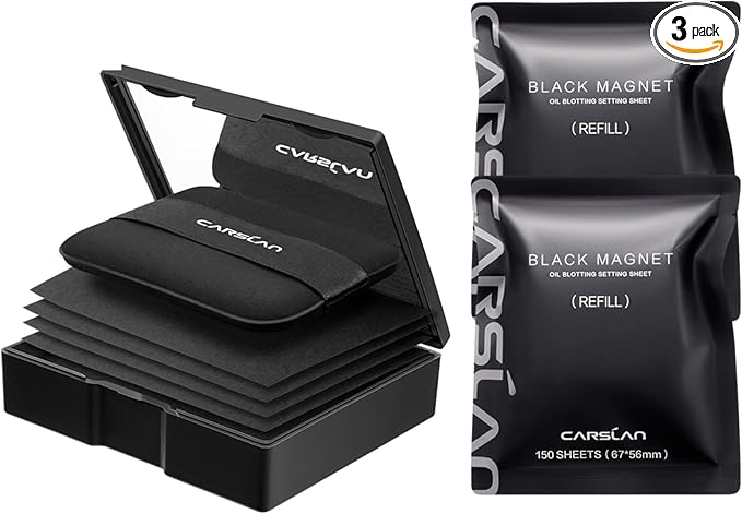 CARSLAN Makeup Blotting Paper with Powder, Black Magnet Blotting Sheet for Oily & Combination Skin, Portable Compact with Puff & Mirror, Keeps Makeup Fresh All Day, 450 Sheets + 8 Refill Adhesive Pads