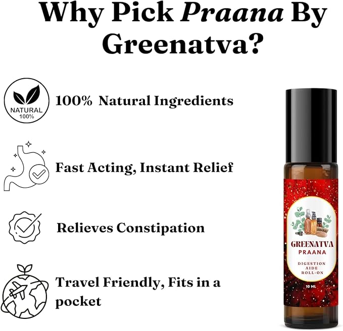 Praana Digestive Support Essential Oil Roll On for Gut Health, Bloating, Gas, Tummy Ache & Constipation Relief - Asafoetida, Fennel, Ginger, Castor Oil, Peppermint -10ml/0.33 fl oz