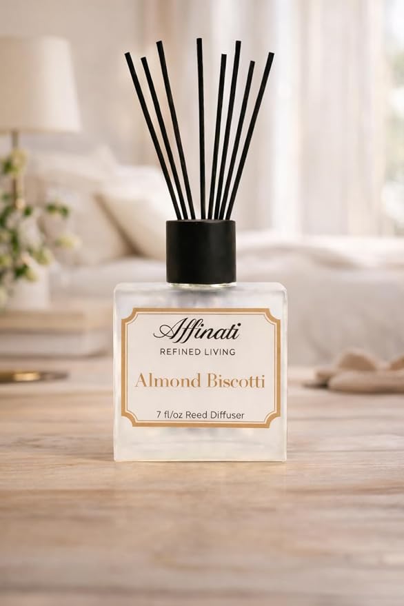 Affinati Almond Biscotti Reed Diffuser – 7.0 fl oz Home Fragrance Diffuser with 8 Reeds – Long Lasting Flame Free Room Fragrance for Bedroom, Bathroom, Office & Living Room