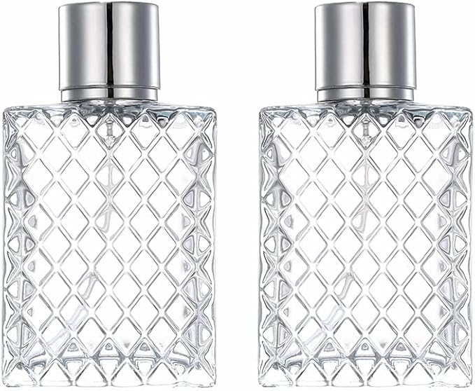 2 Pack 100ml Glass Perfume Atomizer,Square Lattice Perfume Spray Bottle with Silver Aluminum Sprayer,Portable Fragrance Fine Mist Spray Bottle for Travel