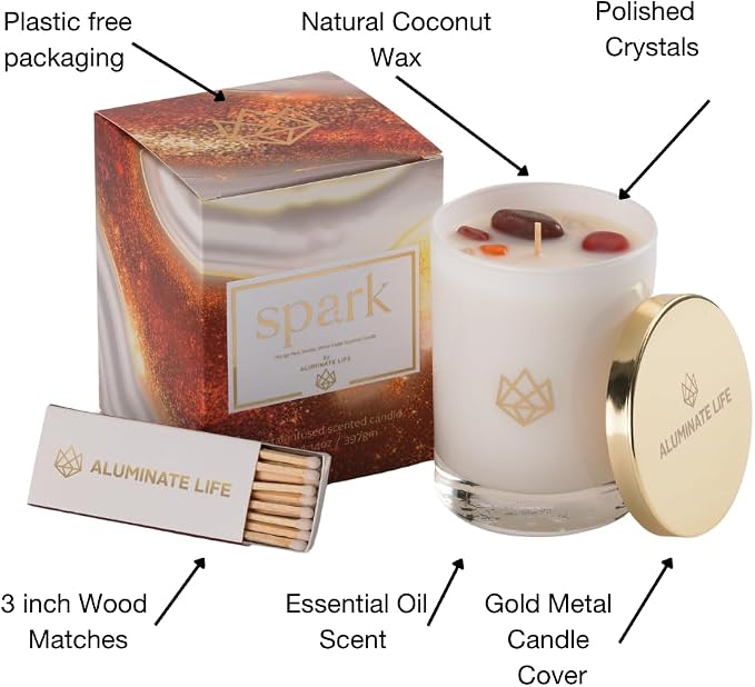 Luxury Glass Jar Seasonal Candle, 14 OZ, Ember - Amethyst & Clear Quartz Crystal Infused - Holiday Scents of Clove Bud, Vanilla, and Smoked Vetiver - Coconut Wax, Essential Oils