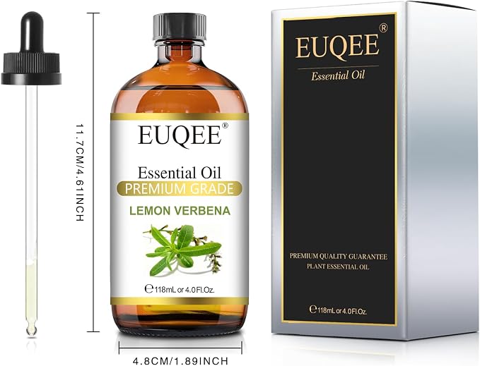 EUQEE Lemon Verbena Essential Oil 118ml - Natural Citrus Scent Oil for Diffuser, Skincare, Morning Rituals & Aromatherapy, Large Bottle with Dropper