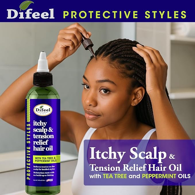 Difeel Itchy Scalp & Tension Relief Hair Oil with Tea Tree & Peppermint Oils for Braided Styles 8 oz.