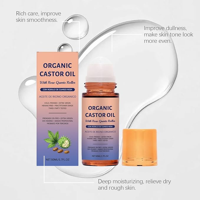 2PC Organic Castor Oil Roll On with Rose Quartz Roller, 100% Pure Cold-Pressed Castor Oil Rose Quartz Roller Ball for Hair Growth, Eyelashes & Eyebrows, Moisturizes Skin, Hexane-Free(50ml)