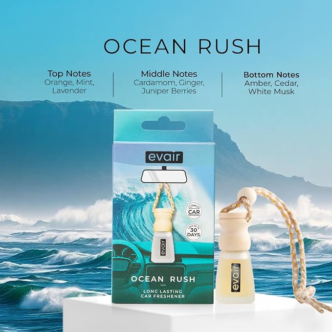 Evair Car Air Freshener | Hanging Air Freshener Car Diffuser | Long Lasting Scents made with Essential Oil | Alcohol Free (Ocean Rush)