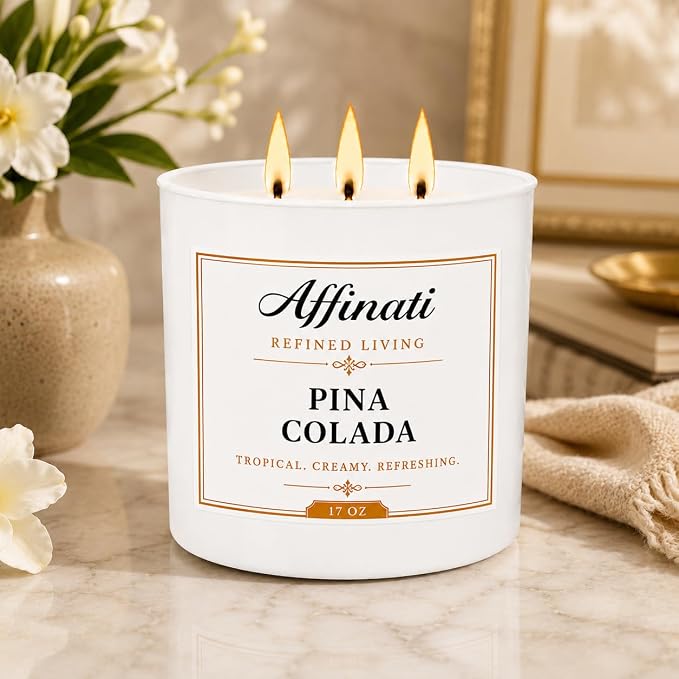 Affinati Pina Colada 3-Wick Scented Candle – Large Soy Blend Candle, Strong Scent Throw Sweet Pineapple Coconut Paradise Tropical Vibe Candle, Premium Luxury Gift
