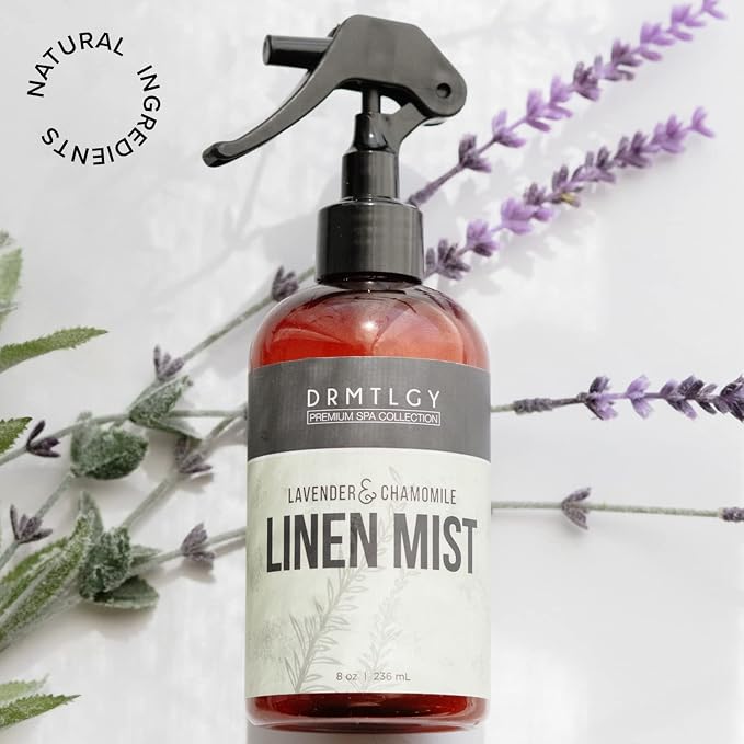 DRMTLGY Natural Lavender Linen Mist and Room Spray. Pure Lavender Essential Oil and Chamomile Pillow Spray, and Fabric Aromatherapy Spray, 8 oz