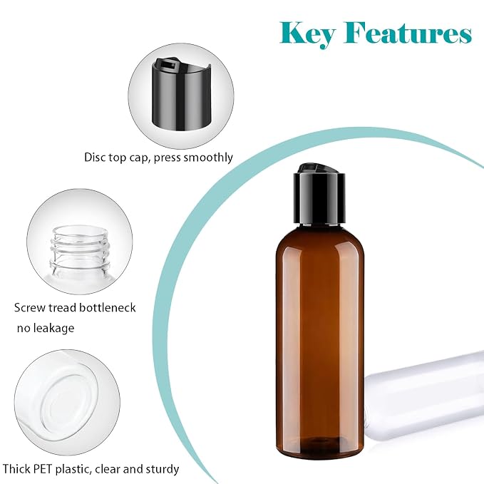 Moonlik Toiletry Travel Bottles, 4Pack 3.4oz/100ml - Squeezable Plastic Containers with Flip Caps - Refillable Cosmetic Kit for Shampoo, Conditioner, Lotion, and Travel Essential- Brown