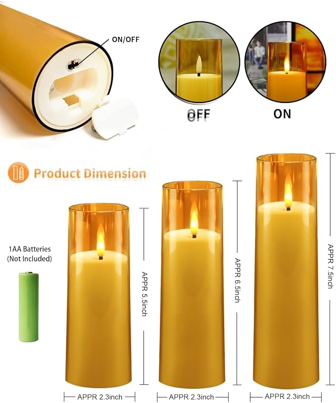 kakoya Flickering Flameless Candles Battery Operated with Remote and 2/4/6/8 H Timer Acrylic Led Pillar Candles Pack of 9 (appr D2.3"xH5.5"6.5"7.5")with Realistic 3D Wick Candles for Home Decor(Gold)