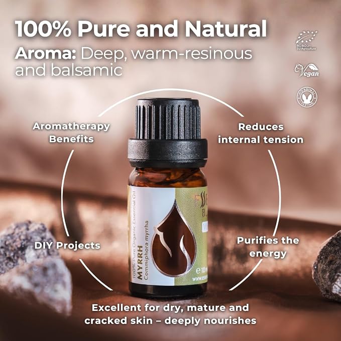 Essences Bulgaria Organic Myrrh Essential Oil 0.34 Fl Oz | 10ml | Commiphora myrrha | 100% Pure and Natural | Undiluted | Therapeutic Grade | Aromatherapy | Cosmetics | Cruelty Free | Non-GMO