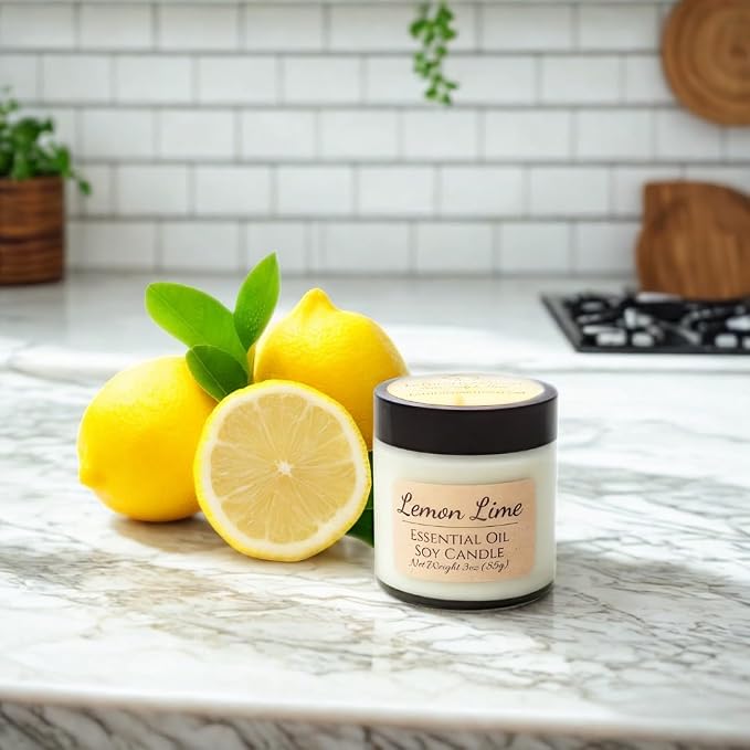 Lemon Lime Citrus Essential Oil Candle 3 oz, Hand Crafted Pure Soy Wax Candle with Wooden Wick, Spice Garnish, 23 Hour Burn Time, Natural Aromatherapy Glass Jar Candle with Lid by Lathered Artisan