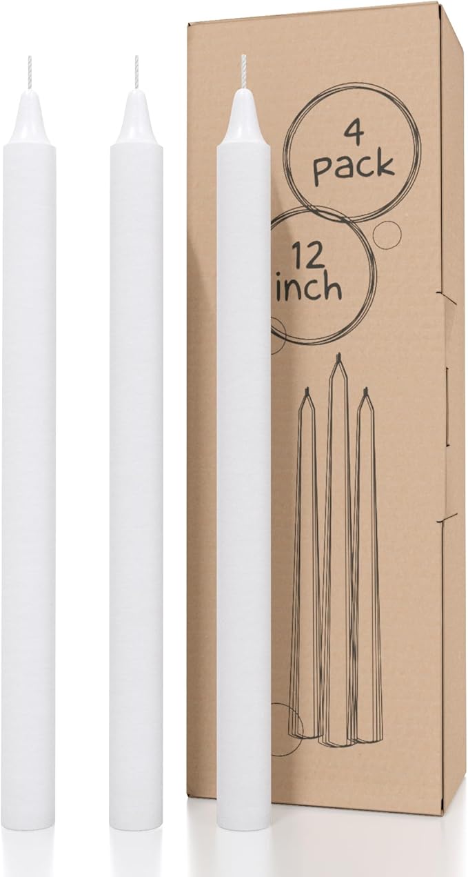 CANDWAX White Taper Candles Pack of 4 - Slow Burning Dripless Unscented Straight Candles 12 inch - Ideal for Dinner Table - Smokeless Long Candlesticks
