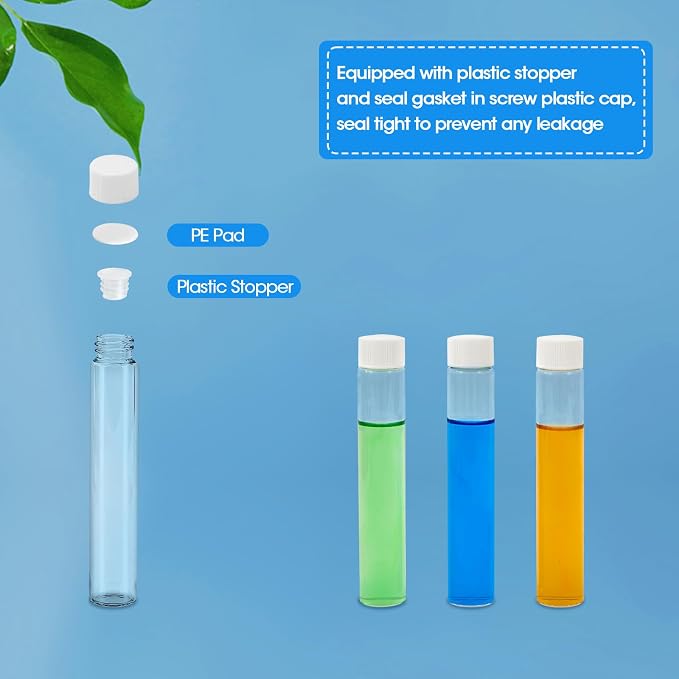 30ml Clear Glass Vials with Screw Caps and Plastic Stoppers, Small Liquid Sample Vial, Glass Tubes, Leak-Proof Vial, 12PCS(White Cap)
