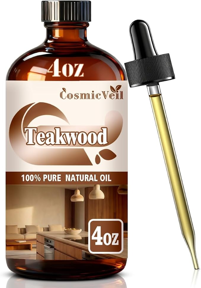 Teakwood Essential Oil Teakwood Oil for Aroma Diffuser,Humidifier,Home Fragrance,Cleaning,Body Care,Massage,Yoga,DIY Candle,DIY Soap CosmicVeil（Teakwood，4 Fl Oz (Pack of 1)）