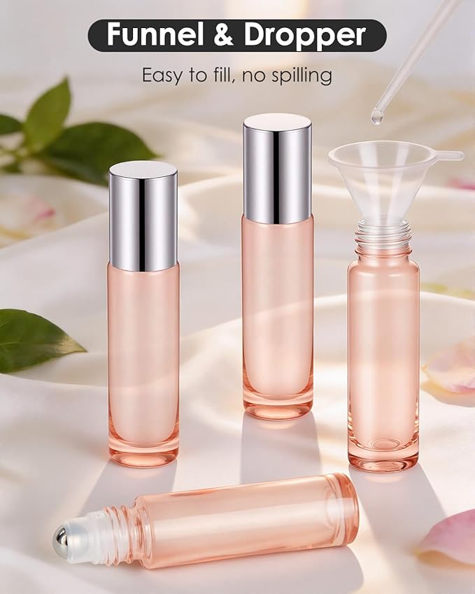 Worldgsb 4 Pack Essential Oil Roller Bottles, 10ml Refillable Glass Roller Bottles with Stainless Steel Roller Balls and Caps for Travel, Perfume and Lip Gloss Rose Gold