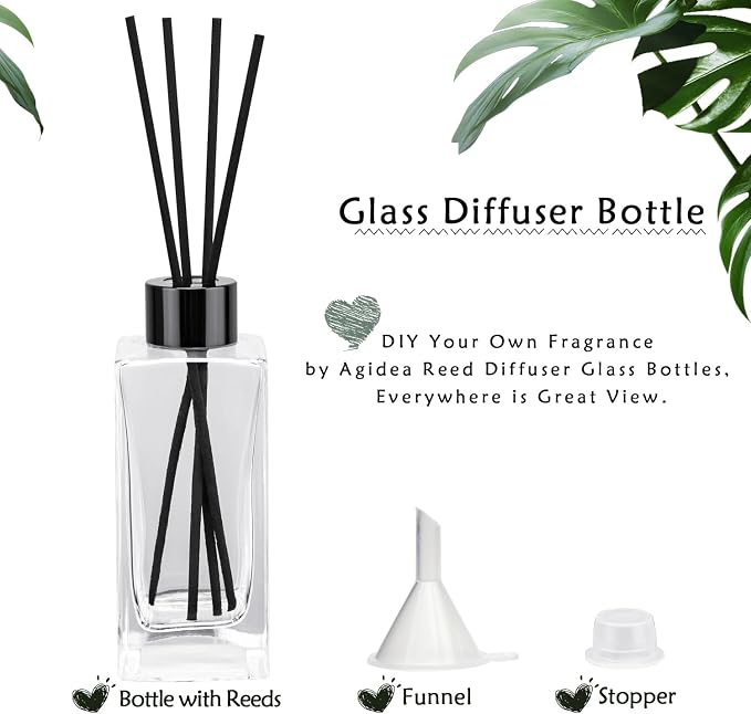 4PCS Empty Glass Fragrance Reed Diffuser Bottles, Refillable Diffuser Bottles with 20pcs Reeds Sticks & Black Caps & Funnel, Diffuser Jars for Home Oil Fragrance Decoration (200ML)