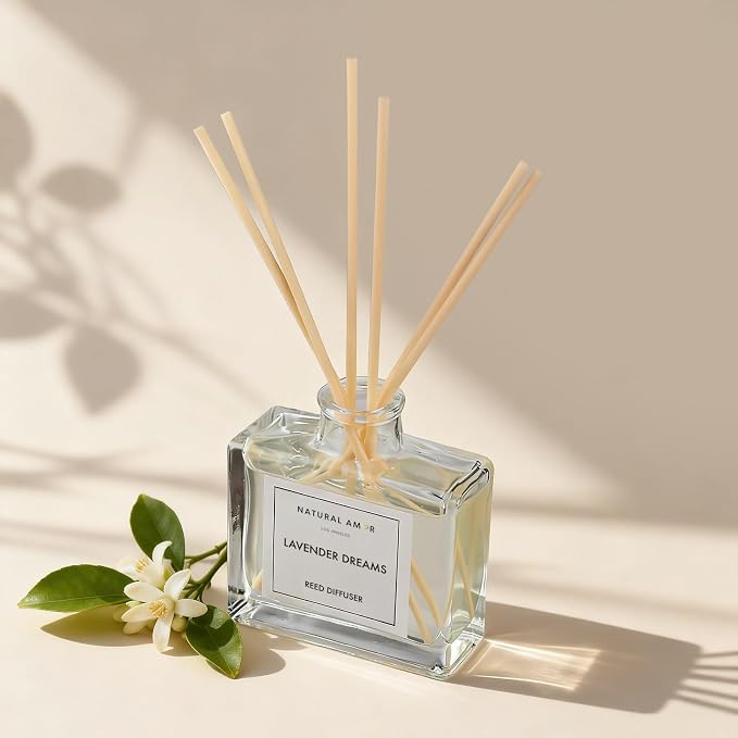 Natural Amor Lavender Reed Diffuser Set, 3.38 fl oz Scented Diffuser with Sticks Home Fragrance Reed Diffuser for Bathroom Shelf Bedroom Living Room