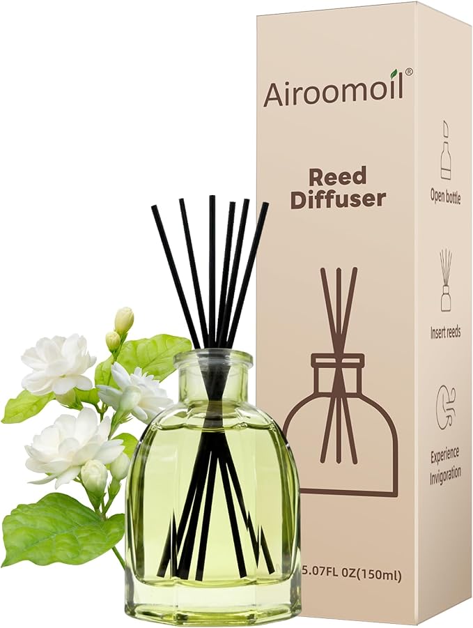 White Jasmine Reed Diffuser Set – 5 fl oz with 6 Sticks, Soft Floral Home Fragrance, Flameless Minimalist Glass Diffuser for Bathroom, Bedroom, Office, Hotel Aesthetic Decor & Gift