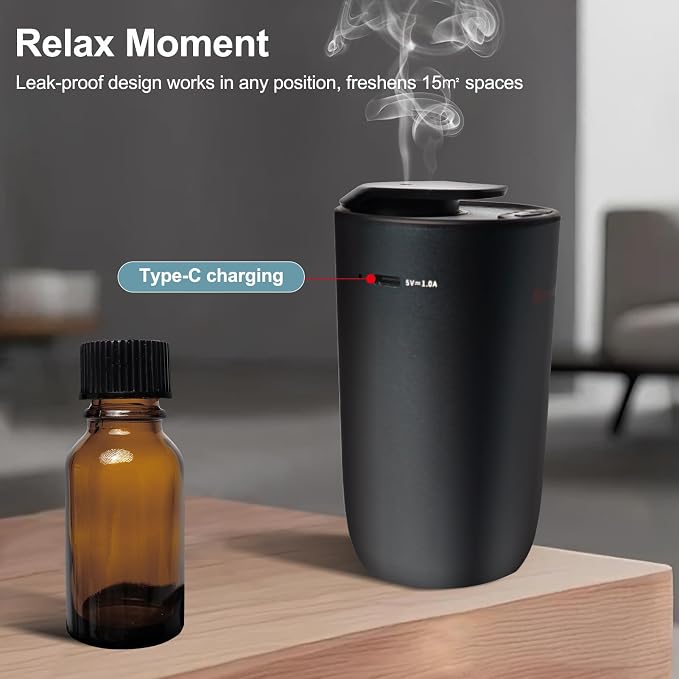 Car Air Diffuser Essential Oil Aromatherapy Scent Diffuser with 3 Mist Levels & LED Lights for Car, Room, Studio, Office- Black