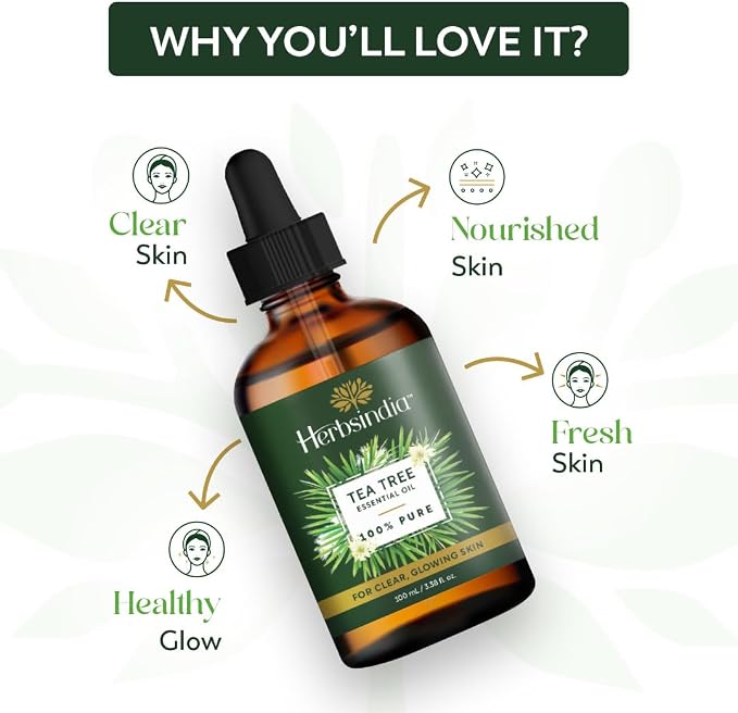 HerbsIndia Tea Tree Essential Oil for Skin - Huge 3.3 Fl Oz - 100% Pure - Premium Grade with Glass Dropper, Undiluted, Non-GMO