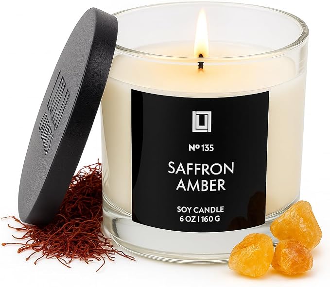Lulu Candles | Saffron & Amber Scented Candle | Jasmine, Saffron, Cedar & Amber Fragrance | Luxury Soy Blend Jar Candle | Highly Scented, Long Lasting Burn | Home Fragrance (6 Oz.)