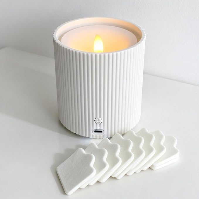 Waterless Essential Oil Diffuser,LED Candle Diffuser with Rechargeable,Wireless Candle Waterless Diffuser,3D Wick and Realistic Candle Flame Diffuser with 12PCS Cotton Pads(with Battery)