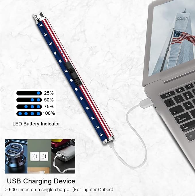 SUPRUS Electric Lighter Candle USB Type C Rechargeable with LED Battery Display and Safety Switch Windproof Souvenir for Independence Memorial and Veterans Day(American Flag)