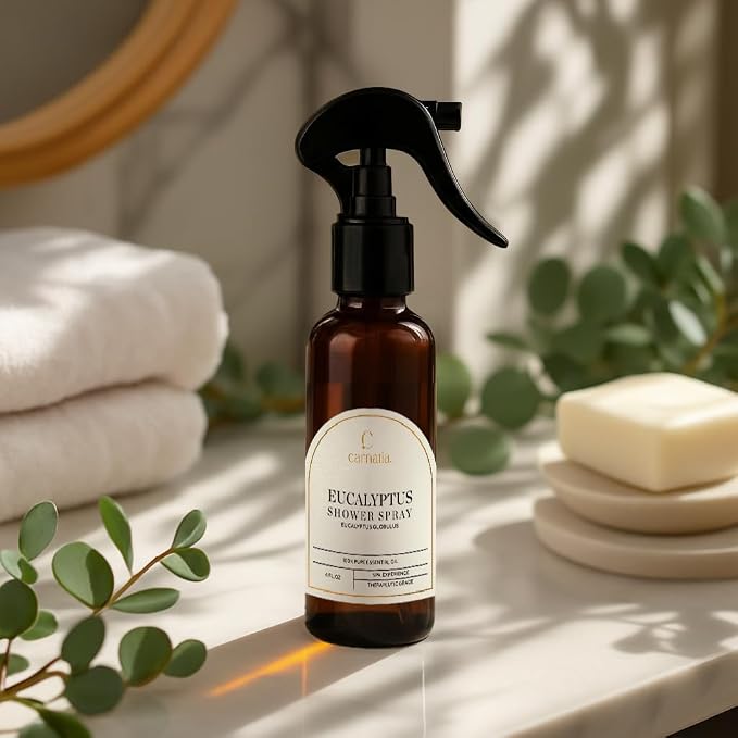 Carnatia Eucalyptus Shower Spray – Aromatherapy Essential Oil Mist for Showers | Spa-Like Refreshing Steam Experience | 4 fl oz Trigger Pump Spray for Clarity & Calm