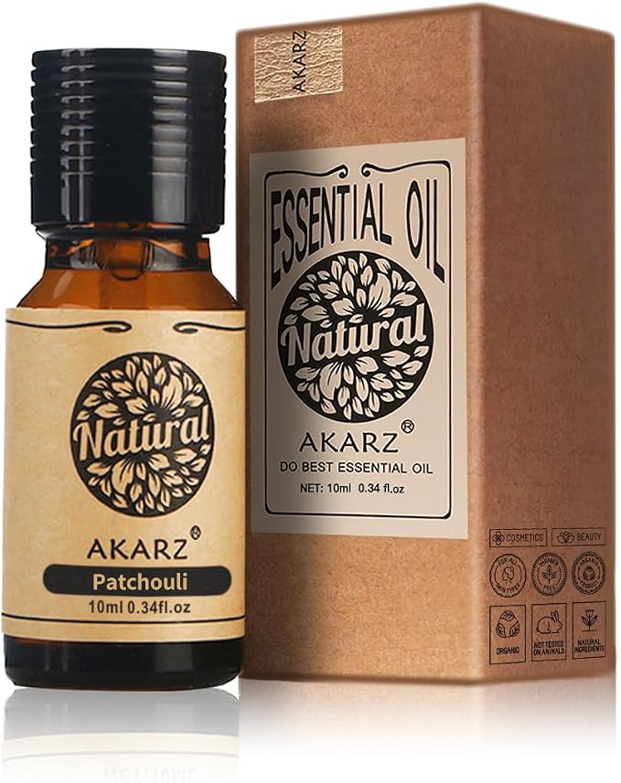 Patchouli Essential Oil AKARZ Natural Organic Pure Premium Therapeutic Patuchli Pachulia Oils for Skin Body Hair Care, Candle,Soap,Making, DIY,Massage Aroma 0.34 Fl Oz (10ml)