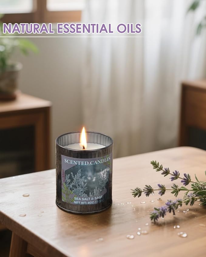 Scented Candles for Home, 8oz Soy Candle, 50H Burn, Sea Salt & Sage Aromatherapy, White Candle in Gift Box, Perfect for Birthday, Mother's Day, Christmas