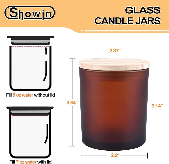 SHOWIN 8 OZ Thick Candle Jars for Making Candles 15 Pcs, Empty Amber Jars with Wood Lids for Candle Making, Sample Container, Frosted Brown