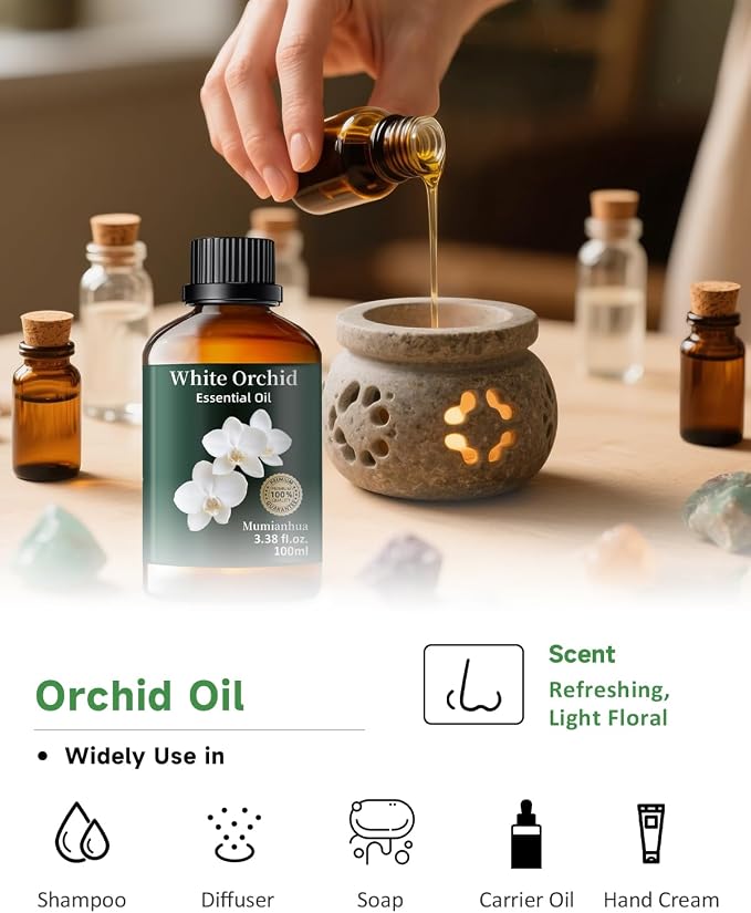 White Orchid Essential Oil, Pure White Orchid Oill Mumianhua Premium Perfume Concentrate for Diffuser, Luxury Scented Candles & Skin-Safe Perfume Making, 3.38 Fl Oz w/Dropper