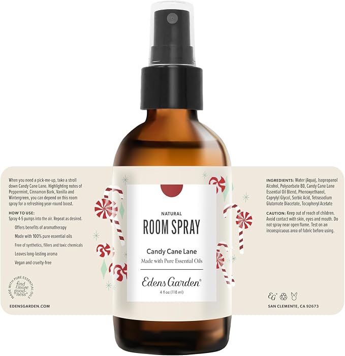 Edens Garden Candy Cane Lane Natural Room & Linen Spray – 100% Pure Essential Oil Holiday Mist for Christmas, Linens & Home – Non-Toxic, Long-Lasting Scented Aromatherapy Spray, 4 fl oz (118 ml)